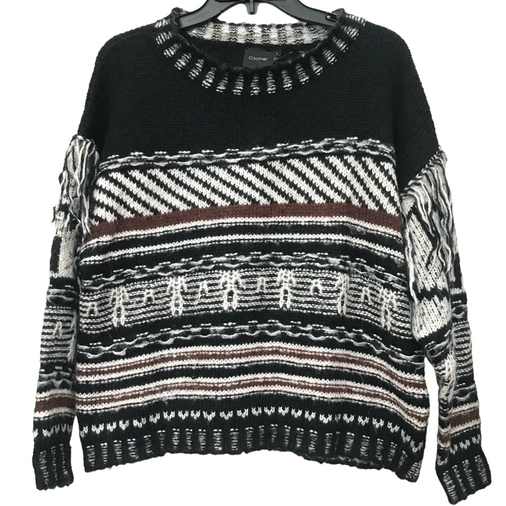 Cliche Woven Fringe black brown Earth tones Knit Sweater top size L - Picture 2 of 6